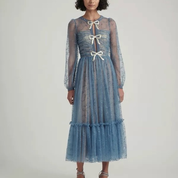 SALONI Dresses & Skirts - NEW Saloni Beaded Bugle Bow Accented Iris Blue Tulle Camille Midi Dress US 8